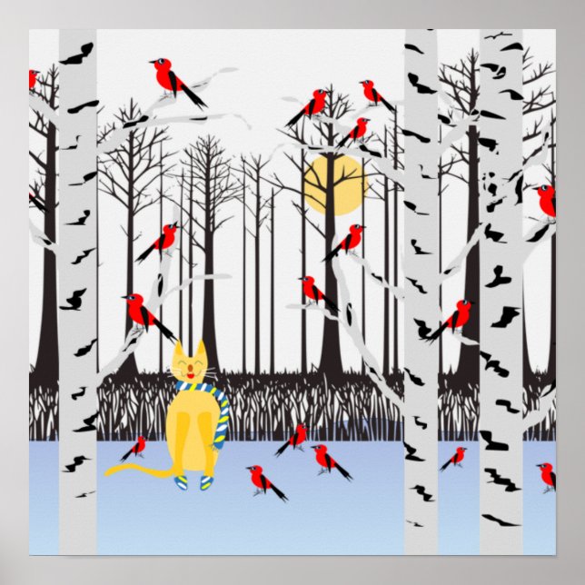 Póster Alegría de invierno - Gato con cardenales de Birch (Frente)