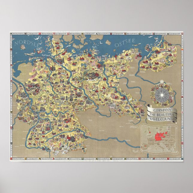 Póster Alemania, el hermoso mapa del país de viaje (Frente)