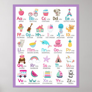 Póster Alfabeto A a Z Niños Bebé Guardería en Púrpura