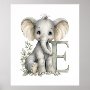 Póster Alfabeto de adorables animales bebés en acuarela E