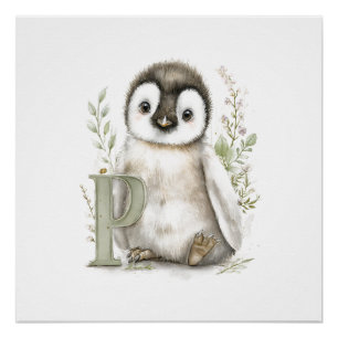 Póster Alfabeto de adorables animales bebés en acuarela P
