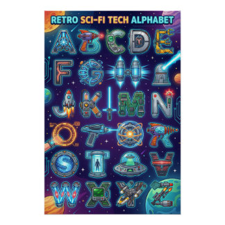 Póster Alfabeto Retro de Ciencia Ficción A-Z