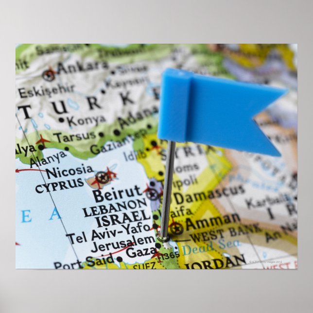 Póster Alfiler de mapa colocado en Jerusalén, Israel en e (Frente)