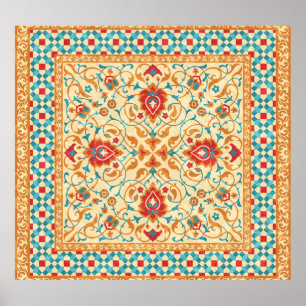 Póster Alfombra oriental, estampado floral ornamental.