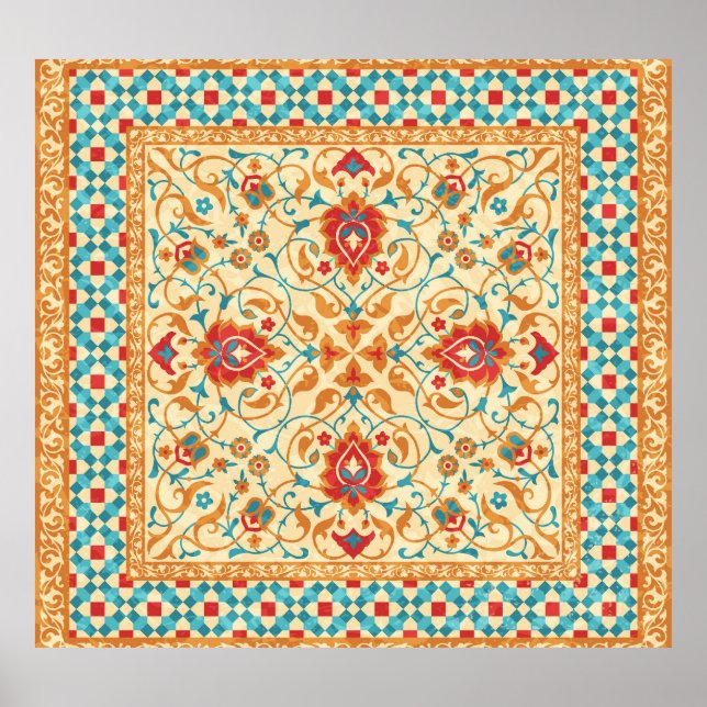 Póster Alfombra oriental, estampado floral ornamental. (Frente)