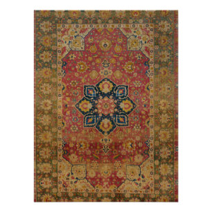 Póster Alfombra Persa Asiática de Kashan de Oro Rojo