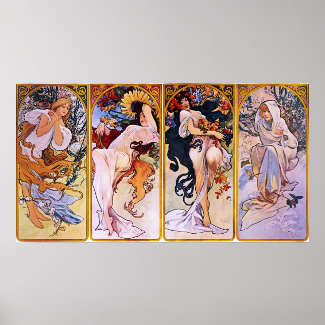 Póster Alfons Mucha Art Nouveau Cuatro estaciones Pintura (Frente)