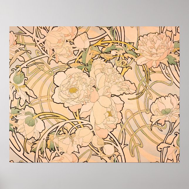Póster Alfonse Mucha Art Nouveau Peonies (Frente)