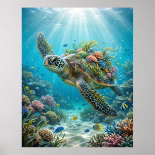 Póster Alga Marina Tortuga Océano Calma