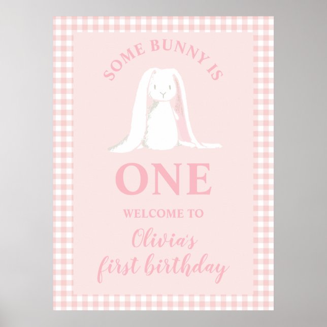 Póster Algún conejito cumple su primer cumpleaños rosa (Frente)