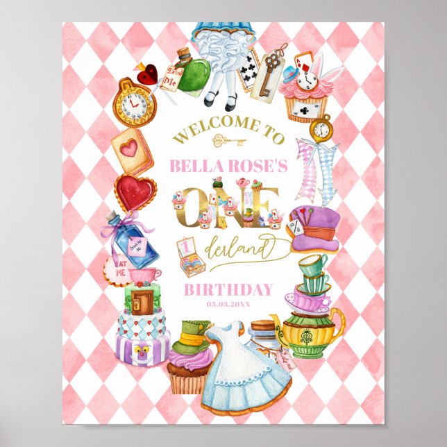 Póster Alice in Wonderland 1st birthday Pink Welcome (Frente)