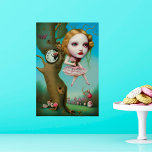 Póster Alice - Quirky Surreal Pop Art<br><div class="desc">El hermoso arte digital surrealismo pop generado por IA presenta una "Alicia" diferente colgando de un árbol con un reloj inserto. ""</div>