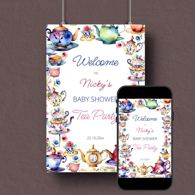 Póster Alicia en el cartel de bienvenida para bebé en el  (Alice in wonderland tea party baby shower welcome sign template poster digital download watercolor)