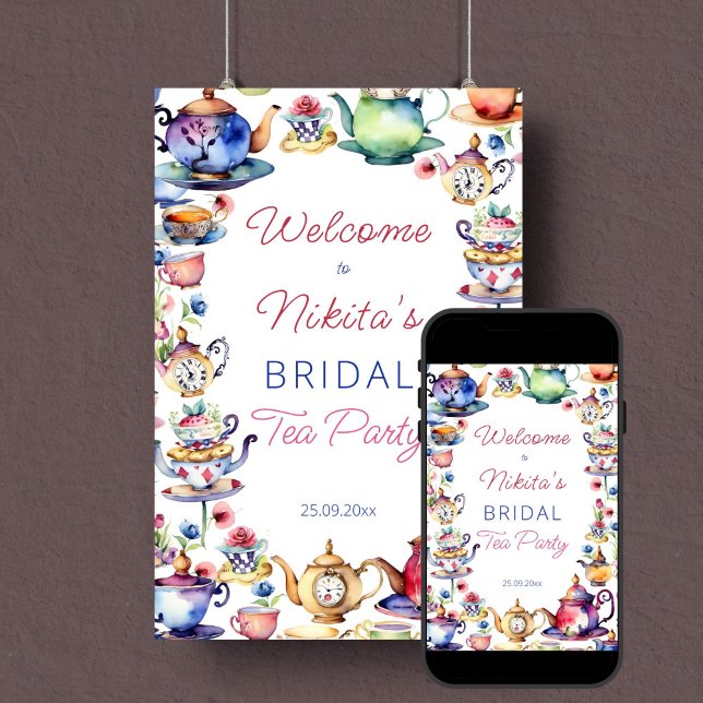 Póster Alicia en el maravilloso país con ducha de novia c (Alice in wonderland bridal shower tea party welcome sign poster digital download tea cups watercolor)