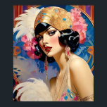 Póster Alicia Un Flapper Art Deco<br><div class="desc">Alicia Una mujer Art Déco, está vestida de oro con pendientes colgantes. Ella tiene plumas y flores adornando a su gorra de cloche. También tiene plumas. Las cadenas de oro están alrededor de su cuello, lo que hace juego con el oro de su vestido. Parece que está de camino a...</div>