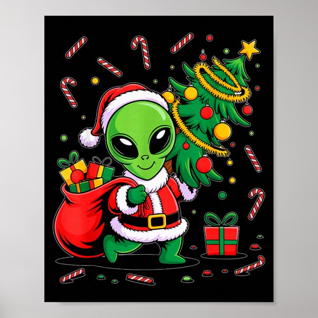Póster Alien Christmas Tree Lights Xmas Funny Alien  (Frente)