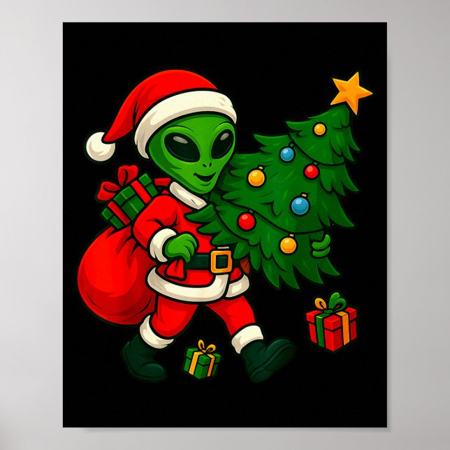 Póster Alien Christmas Tree Xmas Lights Funny Holiday Men (Frente)