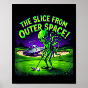 Póster alien divertido jugando golf la rebanada del espac