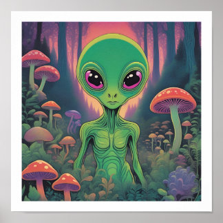 Póster Alien en un bosque de champiñones