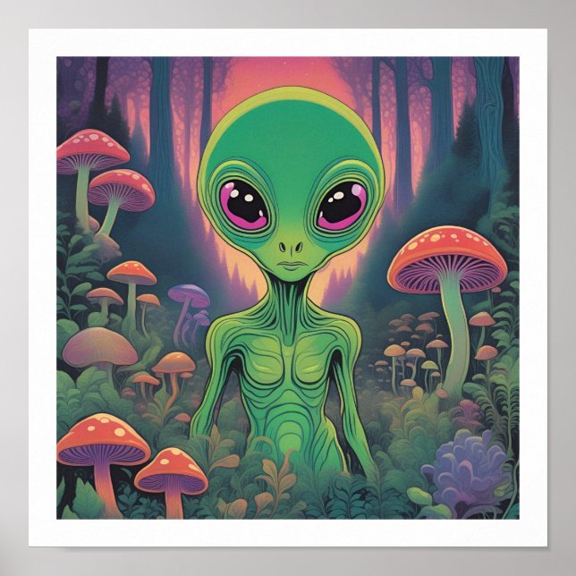 Póster Alien en un bosque de champiñones (Frente)