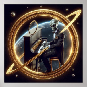 Póster Alien espacial masculino jugando al piano negro