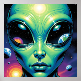 Póster Alien Face con planetas reflexiones en los ojos