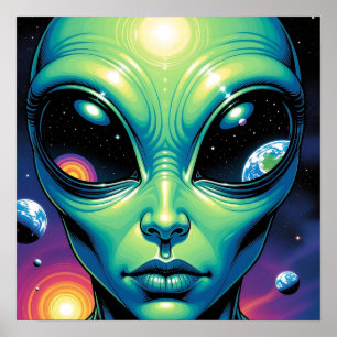 Póster Alien Face con planetas reflexiones en los ojos