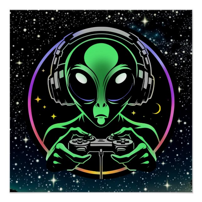 Póster Alien jugando videojuegos con fondo estelar (Anverso)