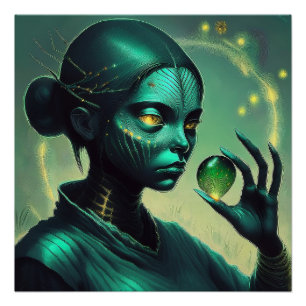 Póster Alien Lady sostiene un objeto de vidrio transparen