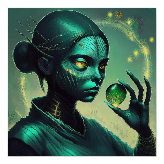 Póster Alien Lady sostiene un objeto de vidrio transparen (Anverso)