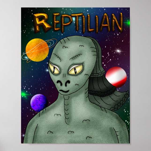 Póster Alien Reptiliano con fondo en el espacio ultraterr (Frente)