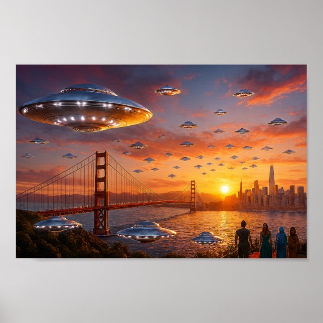 Póster Alien UFOs SciFi Fantasy San Francisco Golden Gate (Frente)