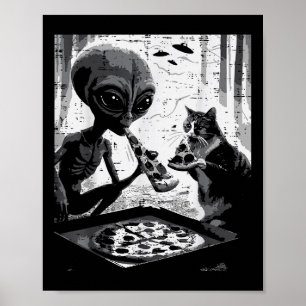 Póster Alienados Y Gatos Comer Pizza Graciosa Comida Para