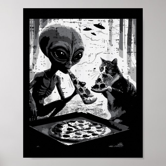 Póster Alienados Y Gatos Comer Pizza Graciosa Comida Para (Frente)