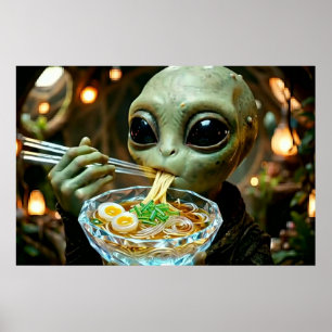Póster Alienígena divertido comiendo fideos Ramen