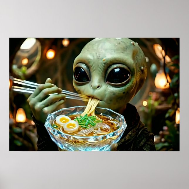 Póster Alienígena divertido comiendo fideos Ramen (Frente)
