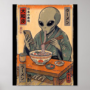 Póster Alienígena divertido comiendo ramen retro japonés