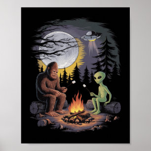 Póster Alienígena Divertido Y Bigfoot Caminando Luna Sasq