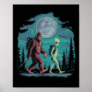 Póster Alienígena Divertido Y Bigfoot Caminando Luna Sasq