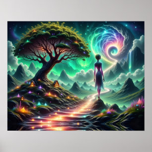 Póster Alienígena femenina camina por un jardín alienígen
