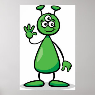 Póster Alienígena Marciano Verde de Tres Ojos Caricatura