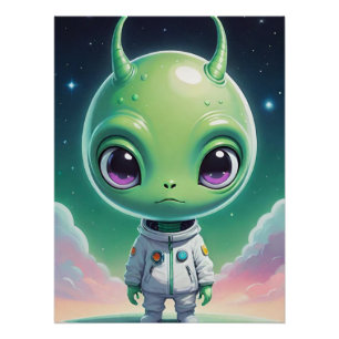 Póster Alienígena verde con cabeza grande y cuernos