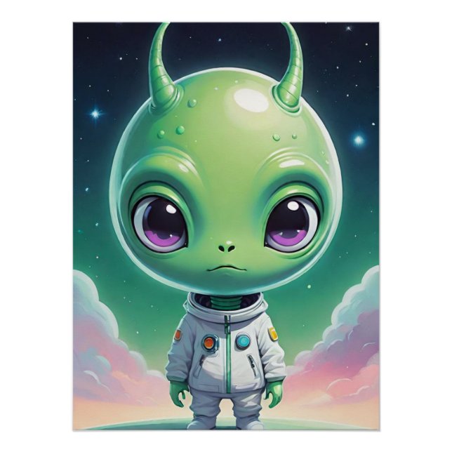 Póster Alienígena verde con cabeza grande y cuernos (Anverso)
