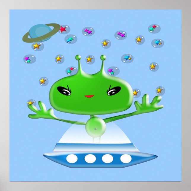 Póster Alienígenas verdes lindos del espacio exterior con (Frente)
