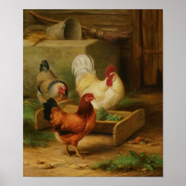 Póster Alimentación de aves de corral en un granero (Frente)
