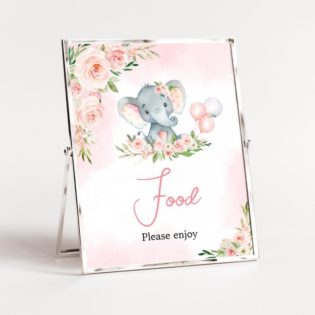 Póster Alimento Baby Shower para elefante floral rosa (Floral Balloon Elephant Baby Shower Food Sign)