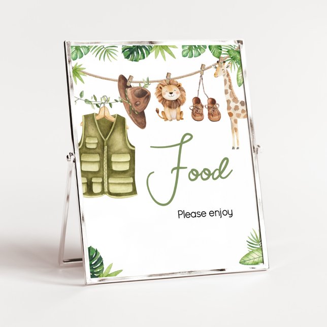 Póster Alimentos de Baby Shower para animales de la jungl (Tropical Safari Jungle Animals Clothesline Baby Shower Food Sign)