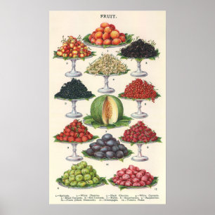 Póster Alimentos de la vieja época: fruta divertida en ba