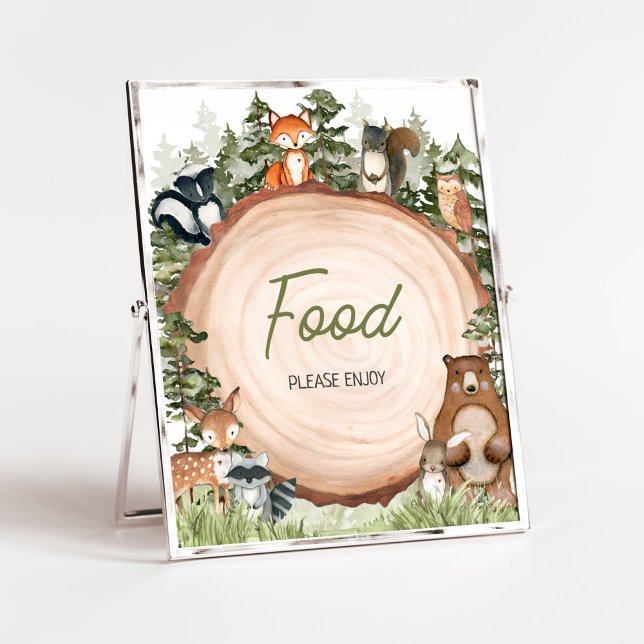 Póster Alimentos de leña para animales de madera para tro (Boy Woodland Animals Baby Shower Food Sign)