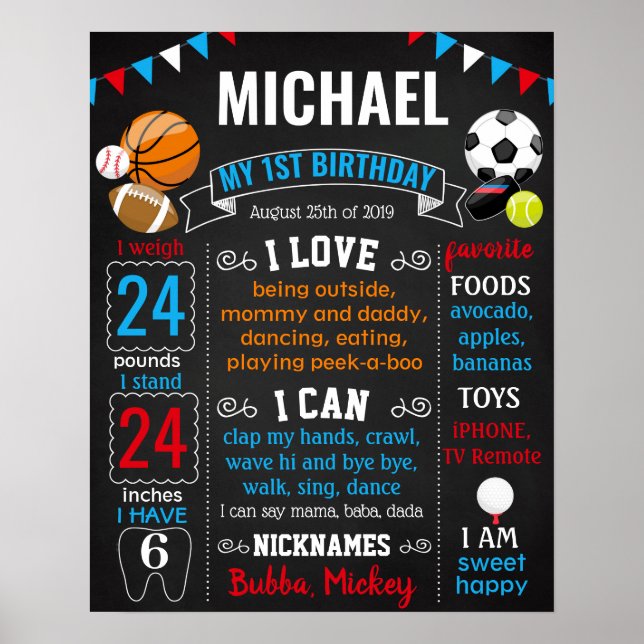 Póster All Sport Balls First Birday tikboard (Frente)